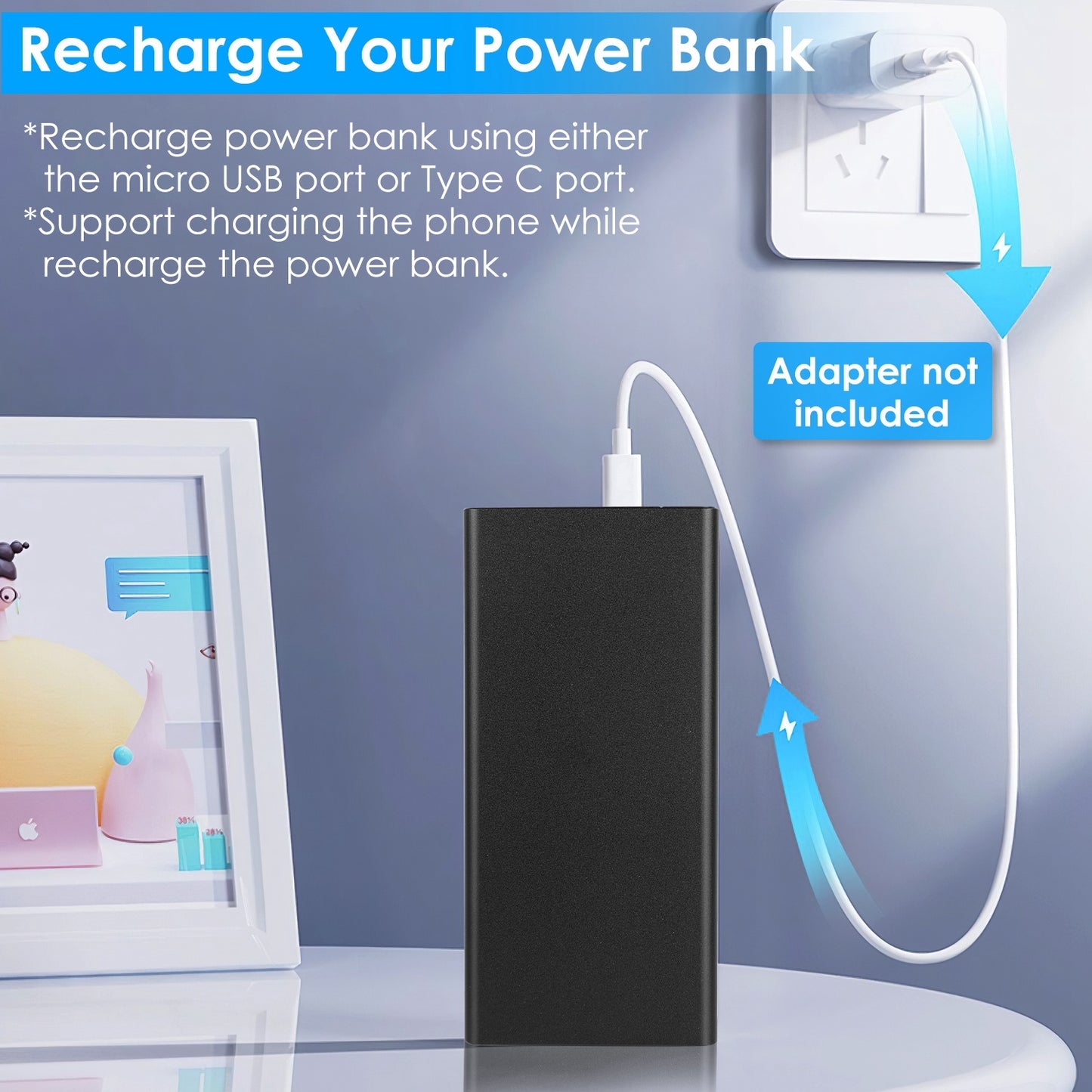20000mAh Power Bank Portable External Battery Pack Phone Charger With Dual USB Output Type C Micro USB Input